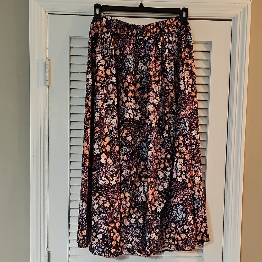 Floral Midi Skirt - Black with Pink, Orange, & Blue Print